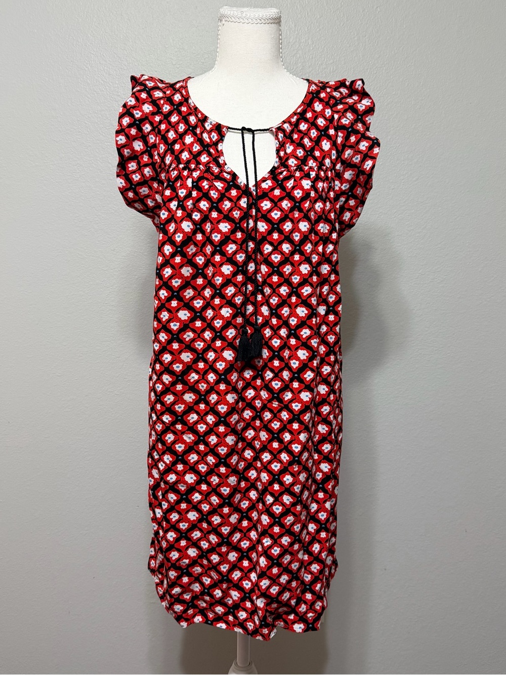 LOFT Red Printed Midi Dress with Ruffle Sleeves